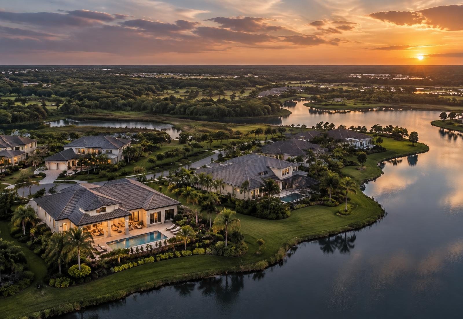 Lakewood Ranch homes and lakes at dusk
