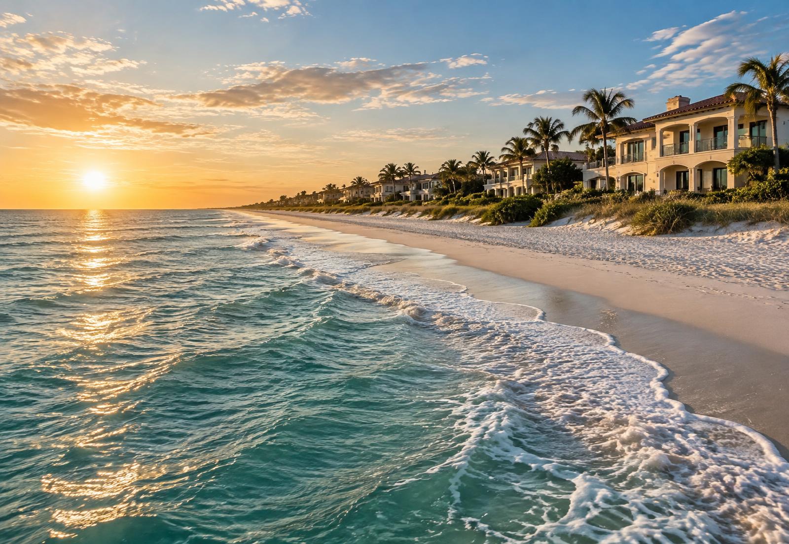 Venice shoreline and coastal homes at sunset