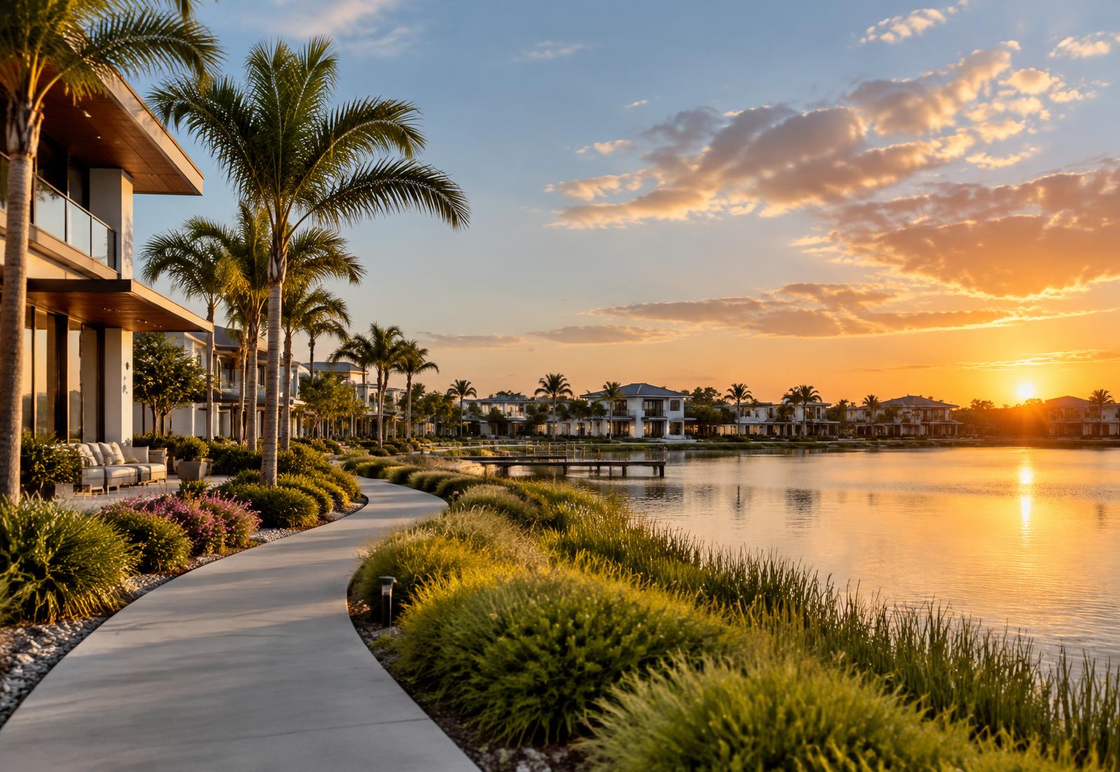 Wellen Park waterfront neighborhood at sunset